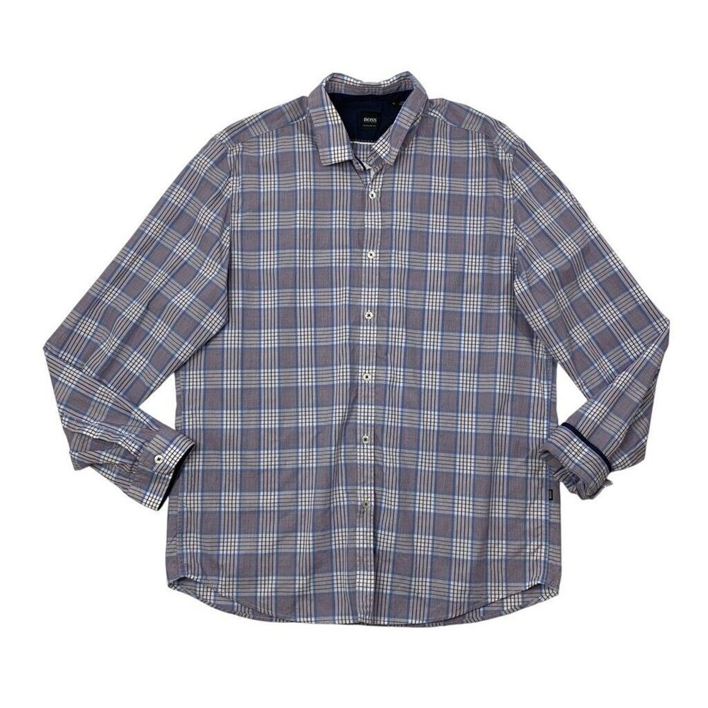 Hugo Boss Shirt Mens XL Extra Large Purple Grey Plaid Button Up Regular Fit